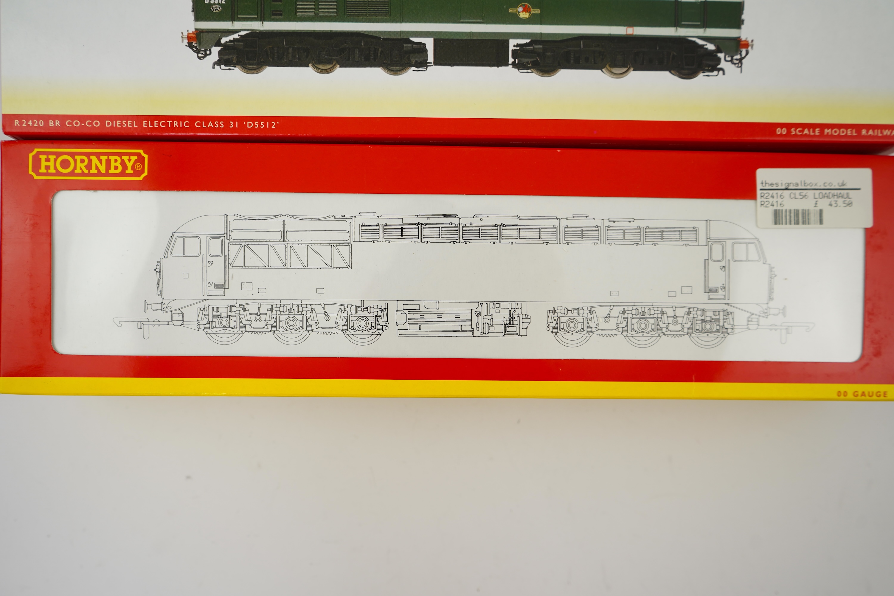 Two boxed Hornby Hobbies 00 gauge railway diesel-electric locomotives; a Loadhaul class 56 Co-Co, 56107, (R2416), together with a BR class 31 A-1-A, D5512, (R2420)